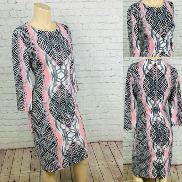 Bisou Bisou Dresses & Skirts - BISOU BISOU Pink & Black 3/4 Sleeve Bodycon Dress